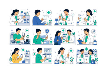 Fototapeta premium Pharmacy Health Service. Medical preparations, equipment, medicine, pills, health, pharmacists, masks, prescriptions, and pharmacy support. 12 minimalist editorial vector scenes: a pharmacist