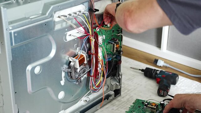 Appliance technician replacing faulty electronic control board inside electric oven. Home appliance repair and component replacement concept