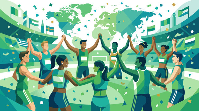Diverse athletes celebrate victory in stadium with world map and flags, unity, global sports