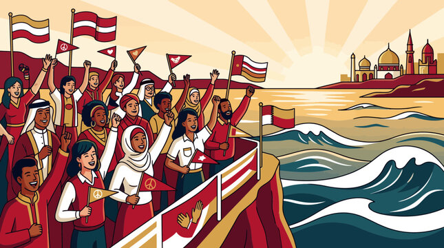 Diverse crowd celebrates on a boat with flags, facing a city skyline at sunrise.