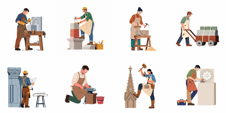 Illustration set of professional stonemasons and sculptors crafting architectural elements, restoring stone statues, and working with traditional masonry tools on a white background.