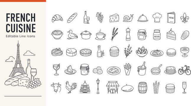 French cuisine line icons set featuring traditional food, wine, cheese, baguette, croissant, and Paris landmarks in editable vector style