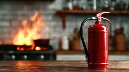 Obraz premium A vibrant red fire extinguisher stands prominently in the foreground as flames flicker in the background, symbolizing safety and the importance of preparedness in emergencies.