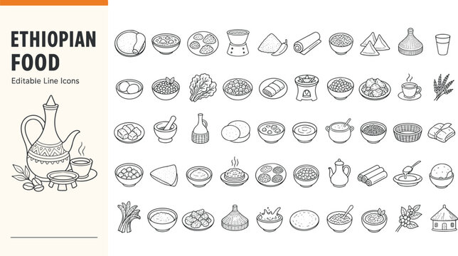 Ethiopian food line icons set featuring traditional dishes like injera, wot stew, coffee ceremony jebena, and spices in outline vector style