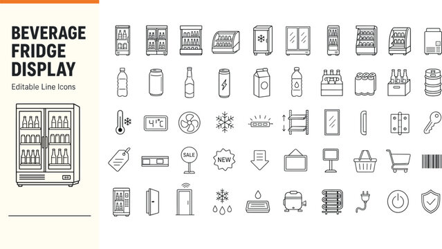 Beverage fridge display line icons set, commercial refrigerator cooling equipment, drink bottles and retail store supermarket symbols