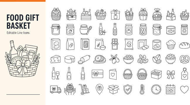 Food gift basket line icons set featuring gourmet treats, wine, cheese, chocolate, and fruit hampers for holiday presents and delivery services