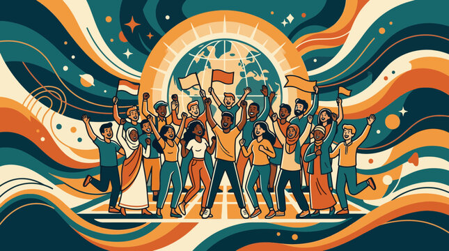Diverse group of people celebrating global unity and diversity with flags and earth background