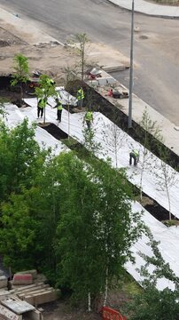 Aerial view of workers installing geotextile fabric for landscaping and urban improvement project