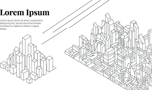 Isometric modern city outline banner template with skyscrapers and lorem ipsum text placeholder vector illustration