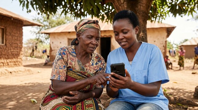 Young nurse shows health information on smartphone to elderly woman in rural African village with traditional mud houses
