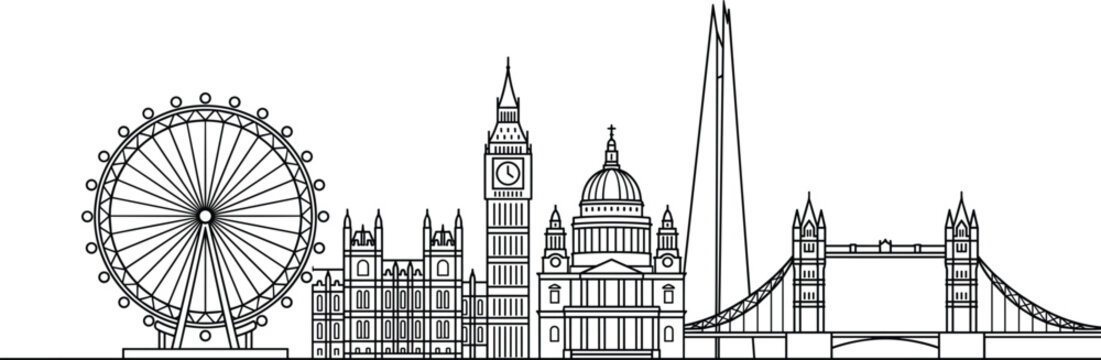 London city skyline linear panorama vector illustration with eye big ben and tower bridge outline landmarks