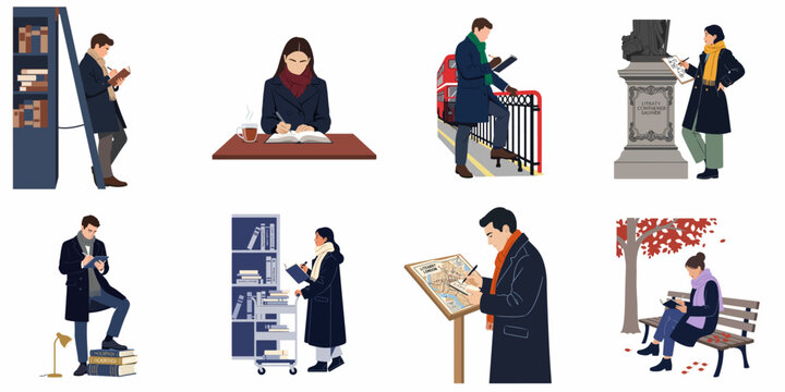 Flat illustration set of people writing and studying in various outdoor and indoor city settings like libraries, parks, and streets during autumn.