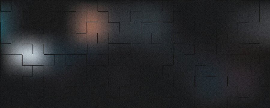 Dark geometric background, with a grid, of raised square, tiles and soft, glowing white and, orange light spots, creating a subtle, depth and shadow effect