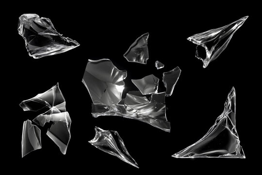 Set of realistic shattered glass fragments isolated on black background, collection of transparent broken shards with sharp edges and reflective surfaces for overlay, impact effect, damage concept