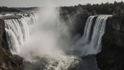 Obraz premium Powerful Waterfalls Cascading into a Misty Gorge on a Cloudy Day.