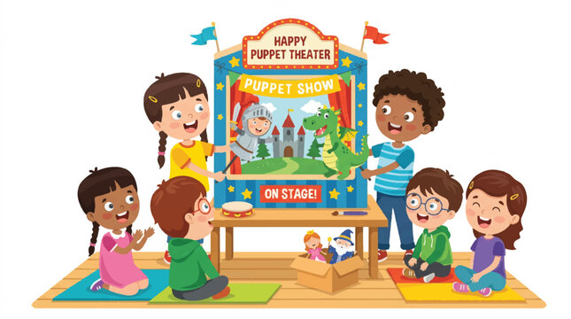 Group of children gathered around a colorful puppet show on stage for learning and fun.