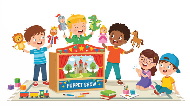 Colorful puppet show with children performing on stage featuring puppets and friends in a bright classroom setting.