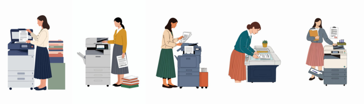 Set of flat illustrations featuring female office workers operating various multi-function photocopiers and printers for document scanning, printing, and copying tasks.