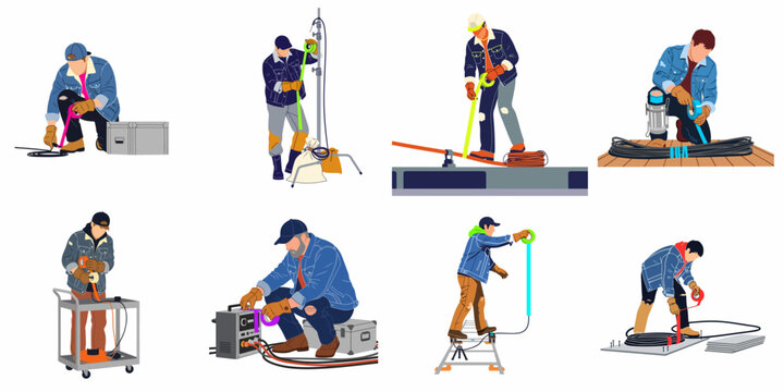 Flat illustration set of professional film crew technicians and grips working with cables and equipment using colorful gaffer tape on a production set.