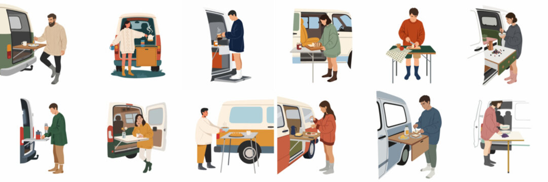 Flat illustrations of people cooking and enjoying meals during camper van adventures, depicting the nomadic van life lifestyle in a modern, minimalist style.