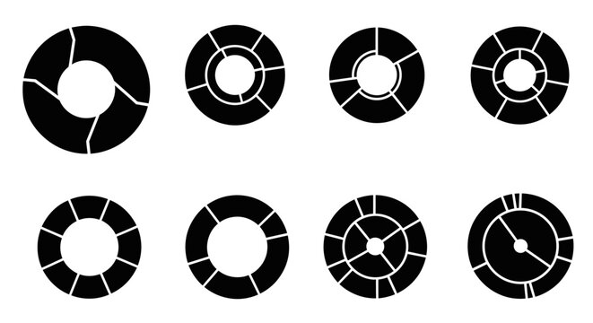 Collection of black donut chart icons and infographics elements.