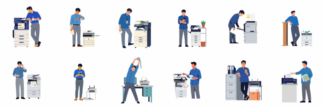 Office Worker Illustrations Set Showing Various Activities with Photocopiers and Printers, Including Waiting, Working, and Taking Breaks in Professional Environment