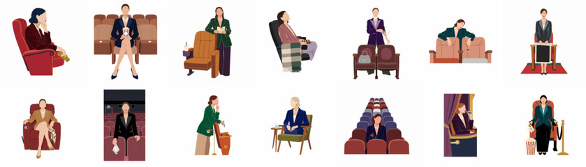 Fototapeta premium Elegant women in minimalist flat vector style enjoying various cinema and theater experiences, featuring popcorn, tickets, and classic auditorium seating.