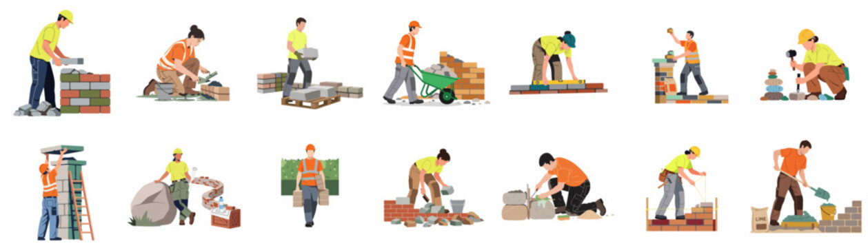 A collection of diverse construction workers, masons, and bricklayers building stone and brick walls using various tools in a flat vector style.