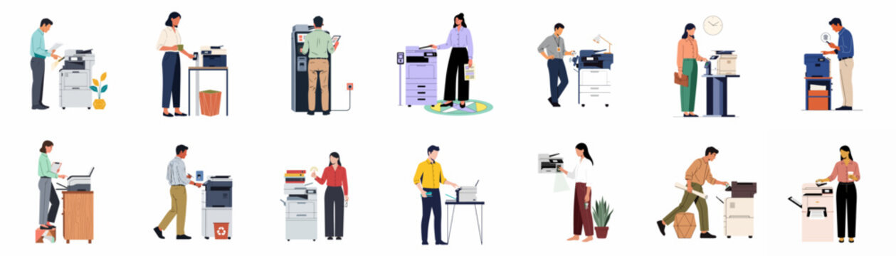 Set of diverse office workers using printers, photocopiers, and scanners with modern authentication methods in a flat minimalist illustration style.