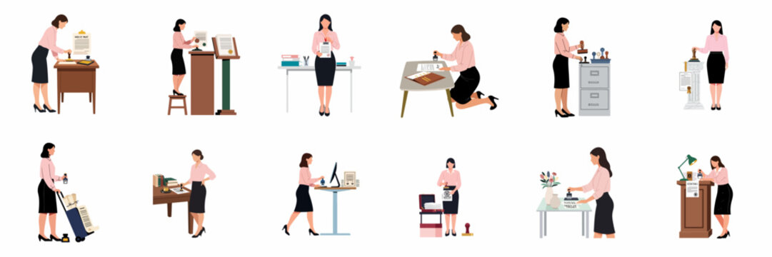 Set of flat vector illustrations depicting a female notary or legal professional stamping documents and working in various office scenarios.