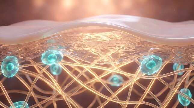 Skin regeneration process repairing with glowing blue cells and golden collagen fiber network background