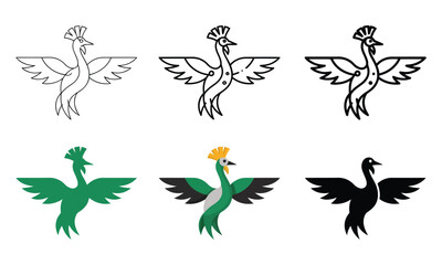 Fototapeta premium Six stylized peacock or phoenix bird in outline and solid variations