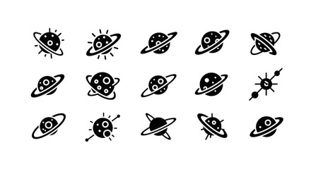 Fototapeta premium Collection of stylized planet icons in black and white.