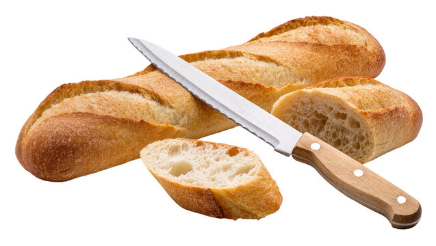 Crusty French Baguette Bread Slices and Serrated Knife