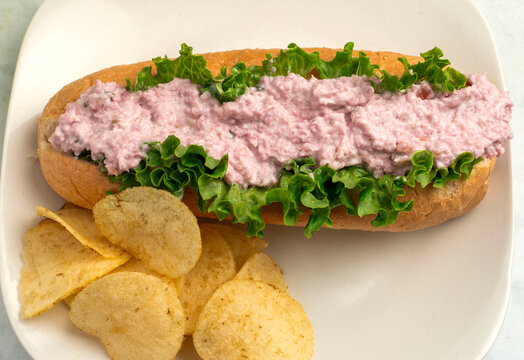 ham salad sub  with  a side of potato chips
