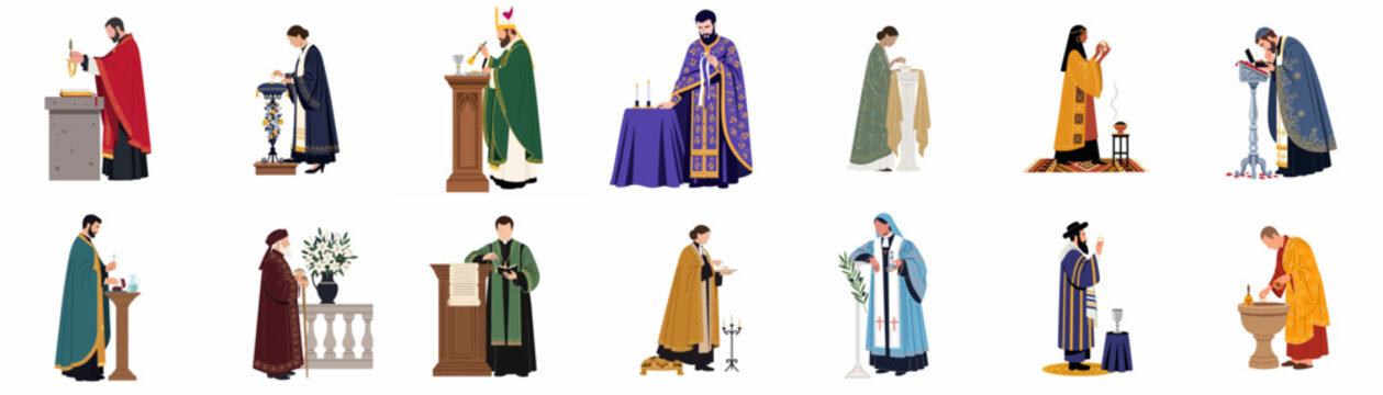 Diverse collection of religious leaders, priests, and clerics from various faiths performing traditional rituals in ceremonial attire.