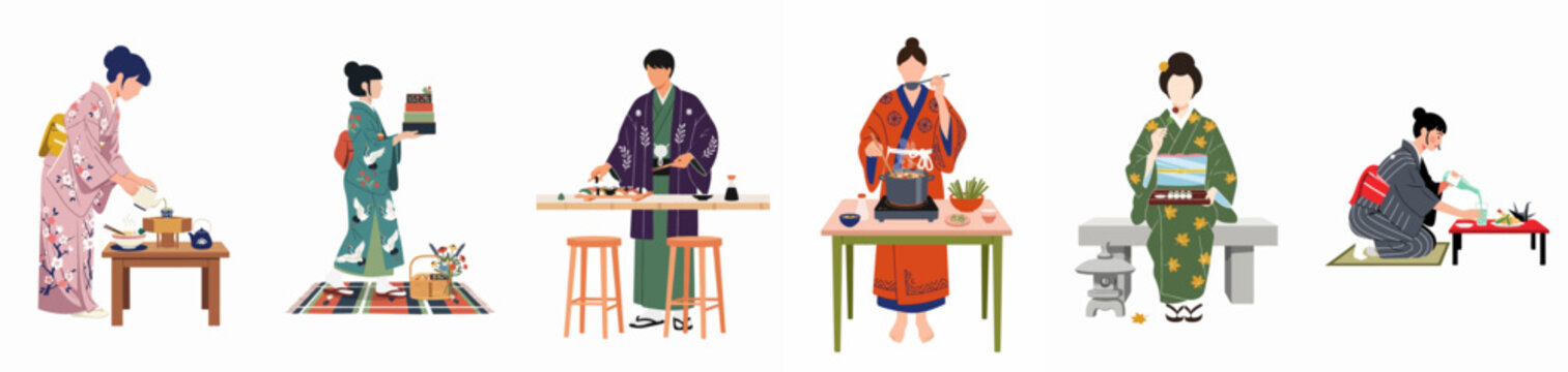 Japanese People in Traditional Kimonos Preparing and Enjoying Various Authentic Cuisines like Sushi, Tea, and Hot Pot Set on White Background