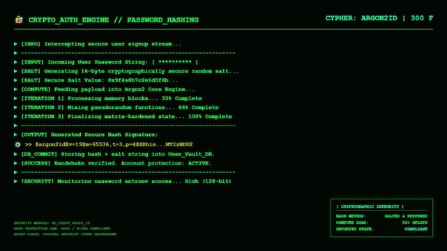 Crypto Auth Engine Password Hashing Argon2 Cryptographic Integrity Terminal Animation Cybersecurity GDPR HIPAA Compliant.