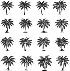 Obraz premium Collection of tropical black palm tree silhouettes and coconut leaves on an island beach, isolated vector illustration set for summer travel pattern design