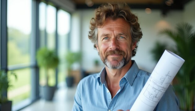 Man with curly hair and beard holds rolled blueprints. He smiles looking at camera, standing indoors near big windows with green plants. Professional architect or designer ready for meeting.