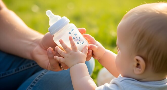 Close-up of a parent holding a baby bottle for their infant to feed outdoors