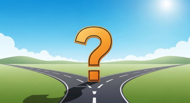 Large yellow question mark standing at a road fork. Crossroads representing a difficult life choice or business decision. Uncertainty about which direction to take in the future journey.