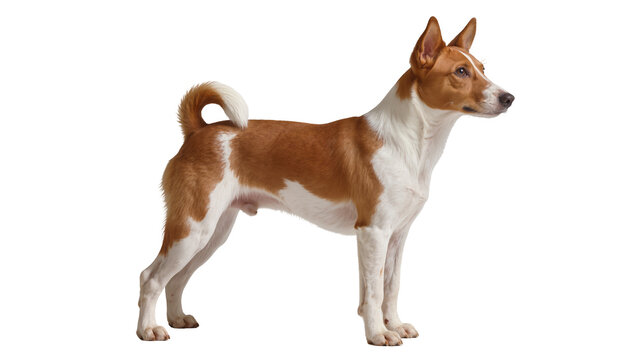 Basenji dog standing profile view white and tan coat