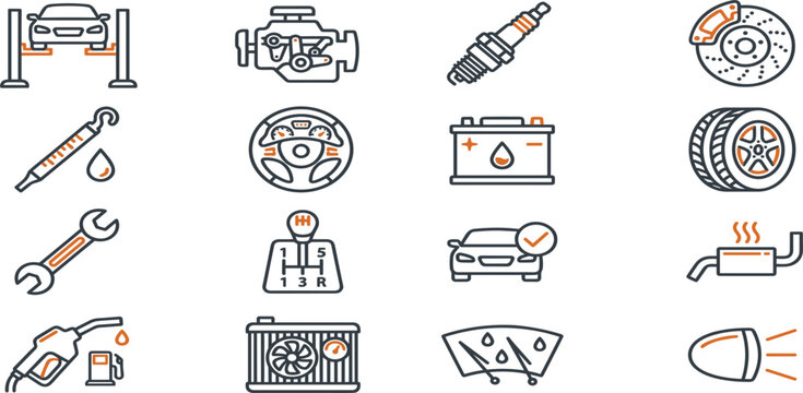 Automotive Repair and Maintenance Icon Set Featuring Car Service Tools, Engine Components, Vehicle Diagnostics, and Garage Workshop Symbols
