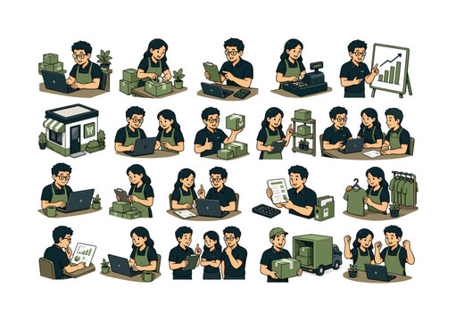 Small Enterprise Business collection of digital illustrations NOT icons NOT symbols, 12?20 character-driven small scenes of entrepreneurs managing shops, packing products, reviewing invoices, using