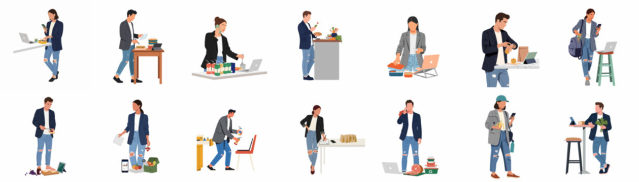 Collection of diverse young professionals multitasking with work devices and healthy food preparation in a flat illustration style.