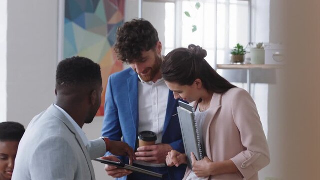 Meeting, review or business people with tablet in office, monitor engagement or check campaign comments. Tech, public relations or team with evaluation of news coverage, brand identity or reputation