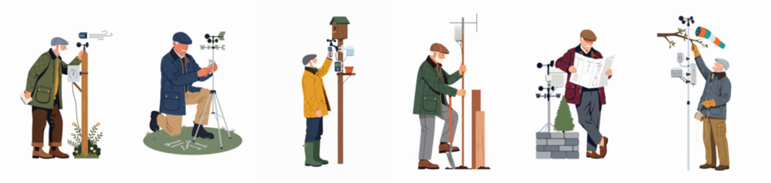 Illustrations of an elderly male meteorologist or weather enthusiast using various instruments like anemometers, wind vanes, and windsocks for weather monitoring.