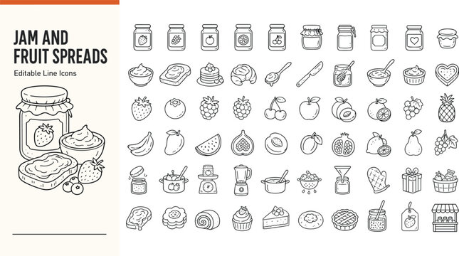 Jam and fruit spreads editable line icons set