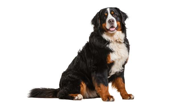 Bernese Mountain Dog sitting with tongue out